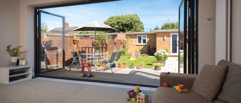 Black Origin bifold doors opened.